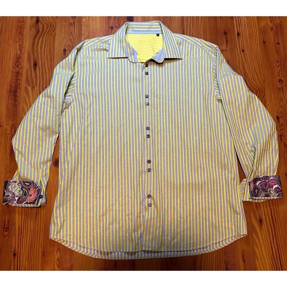 Luchiano Visconti Shirt Men XL Gray Long Sleeve‎ Button Up Striped Flip Cuffs
